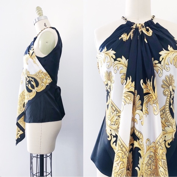 Cache • vintage silk scarf top halter neck chain black white gold versace - Picture 3 of 12